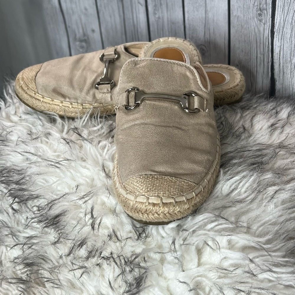 Beige Espadrille Loafers with Silver Buckle